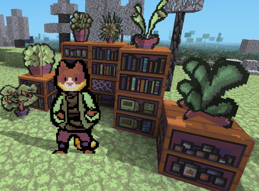 block game screenshot of colorful decor and a cat fellow in a cloak