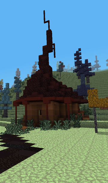 block game screenshot of a little house with a roof like a witch hat