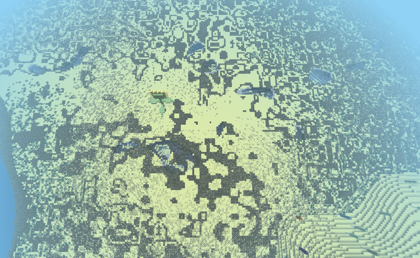 voxel game screenshot showing an interesting pattern made with two different textures of blocks, and some plants.